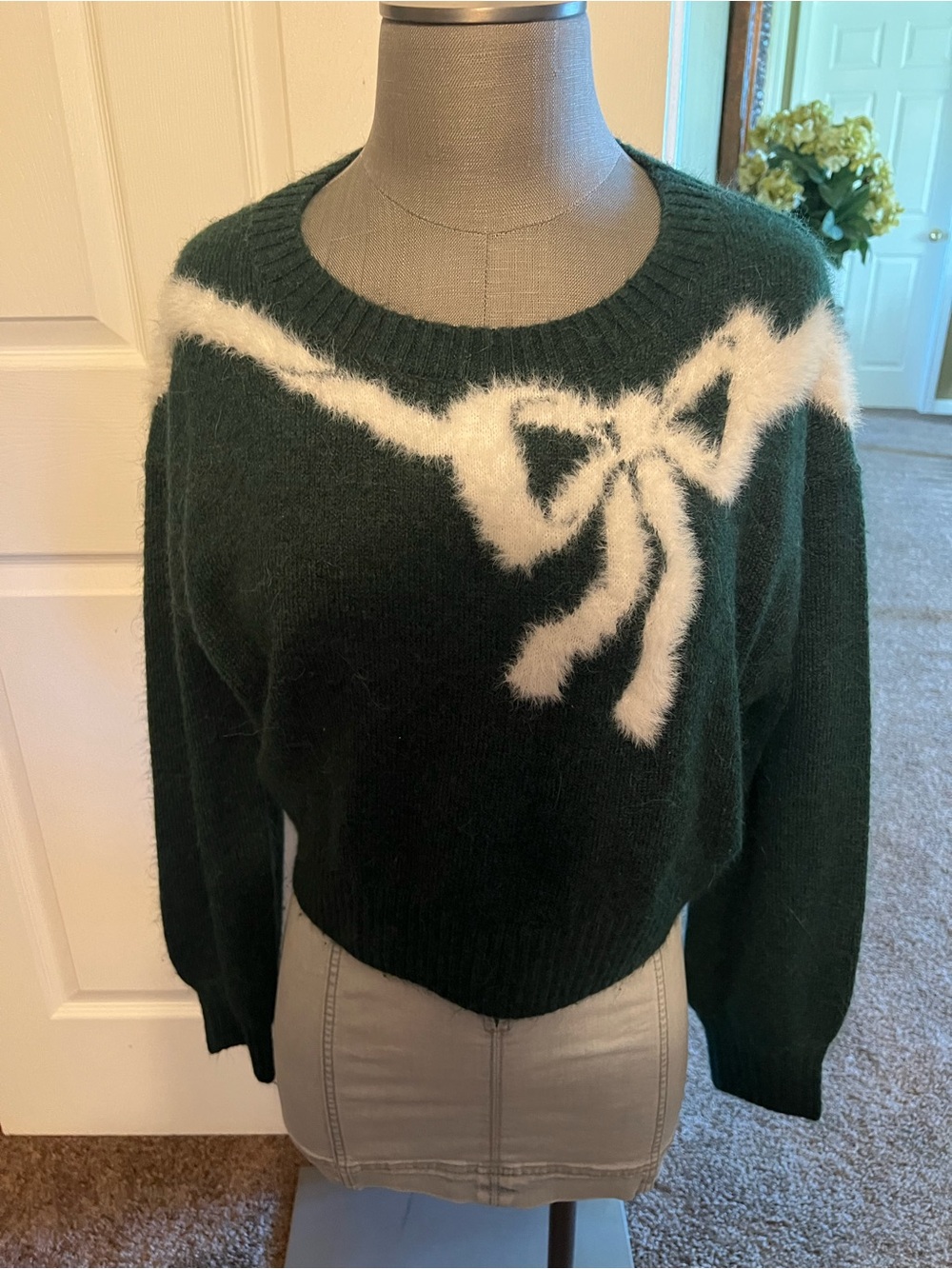 Sincerely Jules Dark Green Crewneck Sweater with White Bow Accent